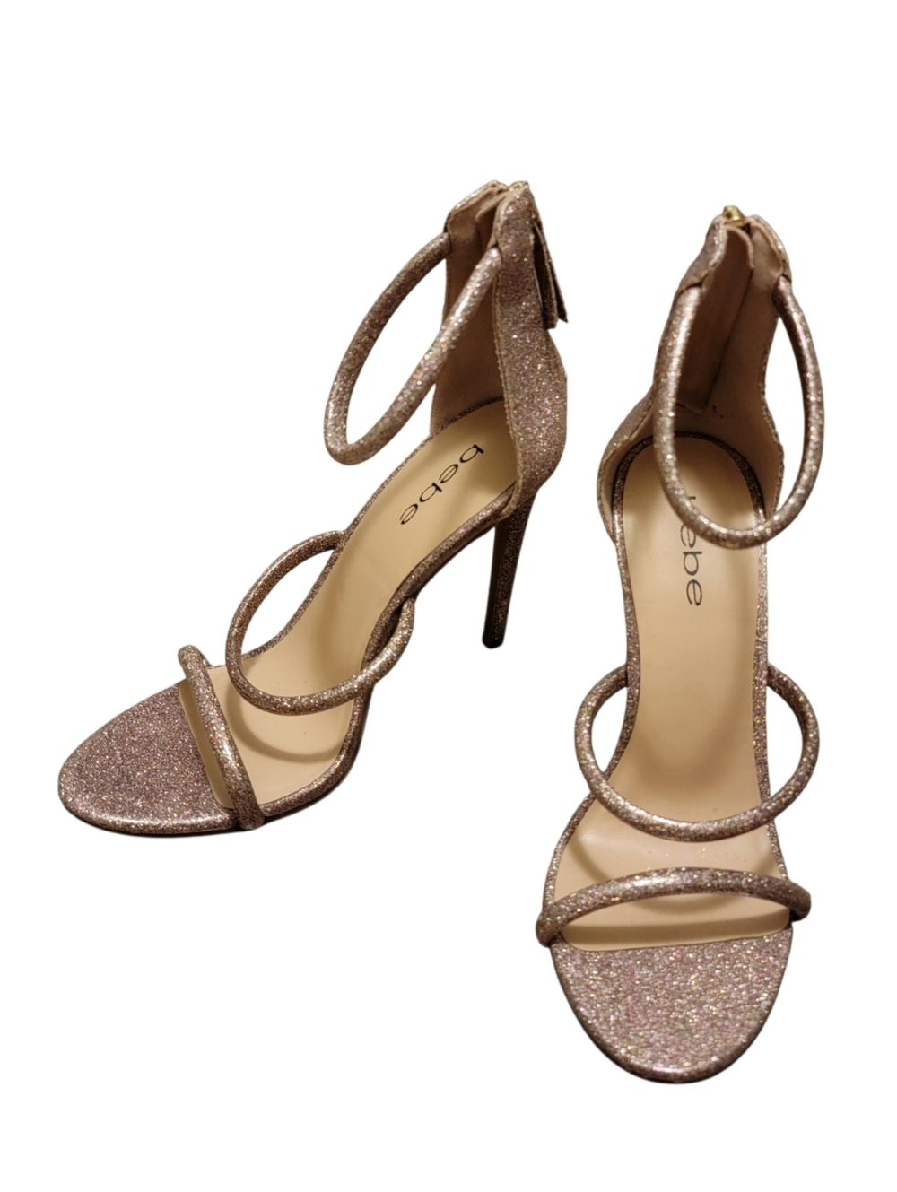 Bebe Glitter Rose Gold Multi-Strap Stiletto Sandals